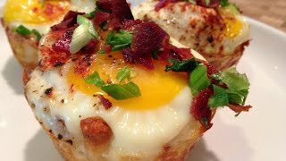 Breakfast Baked Eggs in Hash Brown Nests Recipe [upl. by Kerry]