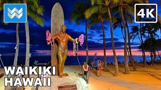 4K Waikiki Beach at Night in Honolulu Hawaii USA Walking Tour amp Travel Vacation Guide Kalakaua [upl. by Gitlow]