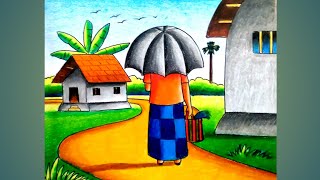 How to easy village scenery drawing step by stepVillage drawing with oil pastel [upl. by Eiroc]