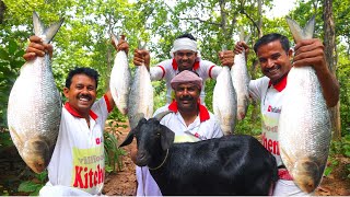 Bengali famous Hilsha fish amp Mutton curry recipe  Sorshe Ilish recipe cooking for village people [upl. by Hbahsur522]