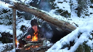 Finding Shelter in Snow WINTER FOREST Camping in a Cozy Hideout [upl. by Prasad610]