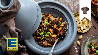 Lamm aus der Tajine selber machen  Geschmortes Lammfleisch mit Pflaumen  EDEKA [upl. by Nomyaw]