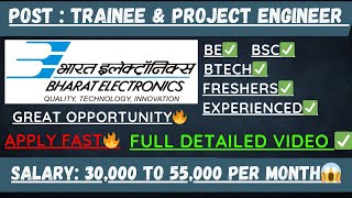 BEL TRAINEE ENGINEERPROJECT ENGINEER RECRUITMENT🔥BHARAT ELECTRONIC LIMITED RECRUITMENT🔥daily [upl. by Matheson]