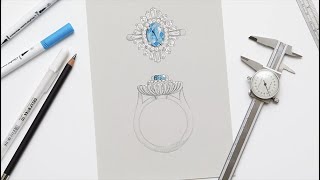 Jewellers sketch of stunning aquamarine and diamond starburst halo design [upl. by Sidwel674]