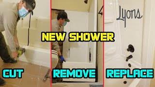 How to remove 1 piece shower stall amp install new Lyons Bathtub Shower Kit from Menards [upl. by Narcissus]