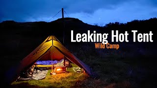 Solo Wild Camp  Leaking Cheap Hot Tent  Rain camping scotland [upl. by Lahcear]