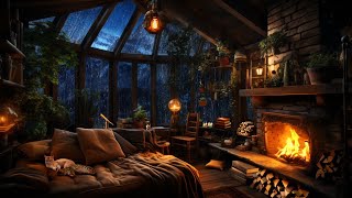 Thunderstorm with Lightning Rain Crackling Fireplace amp Sleeping Cats in a Cozy Cabin [upl. by Alauqahs]