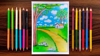 Nature Scenery Drawing with Cheap Colour Pencils for beginners  step by step [upl. by Power207]