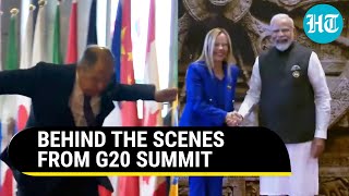 Russias Lavrov Stumbles At G20 Venue Meloni amp Modi Burst Into Laughter  Sunaks Tight Hug To PM [upl. by Ahsitram]