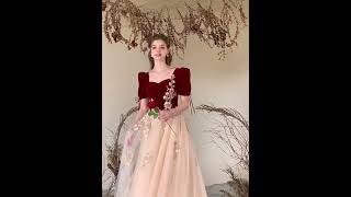 Chic  Beautiful Burgundy Rhinestone Lace Flower Velvet Prom Dresses [upl. by Scarlet]