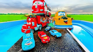 Disney Pixar Cars falling into deep pool Lightning McQueen Tow Mater Mack Sally Francesco [upl. by Valry690]