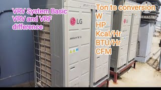 VRV and VRF difference Basic of VRF Ton of refrigeration to HP W KcalHr BTU and CFM [upl. by Bussey633]