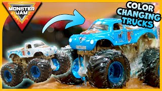 Monster Jam COLOR CHANGING MONSTER TRUCKS  How to Change Color of DirtyToClean Trucks amp Toy Play [upl. by Kristien]