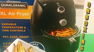 Unboxing of Oster Titanium Infused DuraCeramic 33qt Air Fryer featuring Burro Bananas French Fries [upl. by Palma]