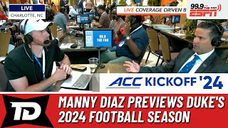 Duke Football Head Coach Manny Diaz discusses QB battle team culture [upl. by Aihsenad294]