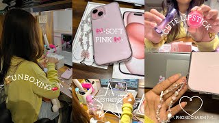 iPhone 15 Pink🎀 Let’s do an unboxing together˙✧˖°📷 ༘ ⋆｡˚ 𐙚⋆° Phone charm °°❀⋆ Lipstick ʚ♡ɞ˚ [upl. by Joacima]