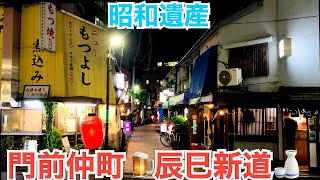 門前仲町 辰巳新道。戦後まもなく闇市や屋台が集まり、昭和25年東京都の条例により1箇所に集められ今の辰巳新道が誕生した。50mに30軒ほどが軒を連ねる。 戦後の街並みが令和に残るレトロな横丁 [upl. by Aharon]