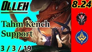 Olleh as Tahm Kench Support  S8 Patch 824  NA Grandmaster  Full Gameplay [upl. by Eneloc]