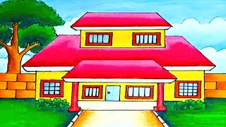 House drawing  house drawing easy with color  beautiful house drawing easy step by step [upl. by Kilgore916]