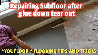 Repairing Subfloor After Glued Down Wood Tear Out    how to mix floor leveler [upl. by Britney]