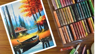 Oil Pastel Landscape Drawing  step by step  Forest cabin scenery Painting with Oil Pastel [upl. by Itagaki]