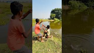 Two Little Boy hunting fish by hook From pond  catch big fish fishing shortvideo hookfishing [upl. by Tennaj877]