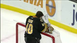 Tuukka Rask stops puck with mask 12112 [upl. by Enilorak992]