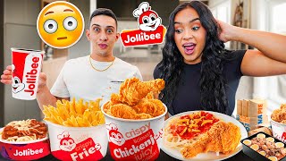 Americans Try Jollibee For The First Time Palabok Aloha Burger Jolly Spaghetti Adobo Rice [upl. by Chyou]