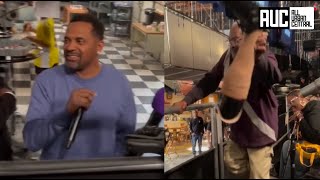 Mike Epps Steals Fake Leg From Fan After Doing “Stanky Leg” Dance On Set Of New Show [upl. by Malia218]