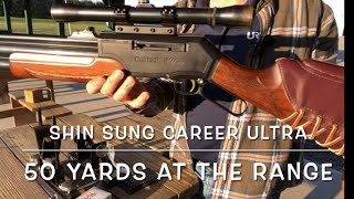 Shin Sung Career Ultra Lever action 357 PCP air rifle at the range 50 yd shots with 4 pellets [upl. by Bacchus]