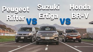 Suzuki Ertiga VS Honda BRV VS Peugeot Rifter  Comparativa camionetas para 7 pasajeros  Autocosmos [upl. by Dorey]