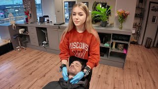 💈Blondie Lady Barber Gives Perfect Beard Trim The Netherlands 🇳🇱 [upl. by Aihsenek]