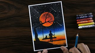 Girl and Cat on Swing Drawing with Oil Pastels  step by step [upl. by Vanhomrigh93]