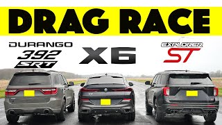 Ford Explorer ST Races BMW X6 and Dodge Durango SRT 392 things get wet Drag and Roll Race [upl. by Sculley]