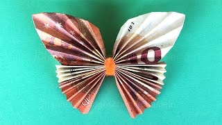 Geldscheine falten Schmetterling  Geldgeschenke basteln Origami Tiere mit Geld falten zur Hochzeit [upl. by Griffiths]