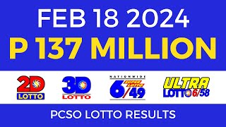 Lotto Result February 18 2024 9pm PCSO [upl. by Akinom]