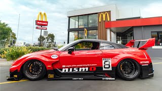 Liberty Walk Nissan GTR R35 Silhouette Worlds WIDEST R35 GTR vs McDonalds [upl. by Jerad]