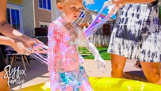 GIANT SLIME POOL CHALLENGE WITH REAL GLUE GONE WRONG 😱  Slyfox Family [upl. by Jeane32]