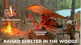 Solo Overnight Building a Raised Shelter With Pivoting Doors In The Woods and Bacon Ribeye Skillet [upl. by Dew]