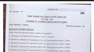 class 11 computer sci Mid term examination 202425081024कक्षा 11 com Question paper [upl. by Edaw]