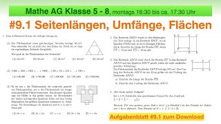 36  Mathe AG 5 bis 8  91 Seitenlängen Umfänge und Flächen  Geometrie [upl. by Sagerman]