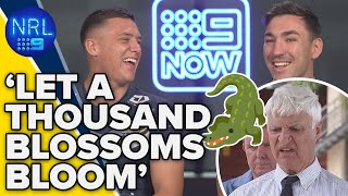 Drinkwater amp Robson HILARIOUS reaction to Bob Katters viral crocodile video  NRL on Nine [upl. by Isadore]