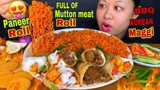 FULL OF SPICY MUTTON MEAT ROLL PANEER ROLL BBQ KOREAN MAGGI MUKBANG  SPICY FOOD 🔥ASMR  BIG BITES [upl. by Dominic636]