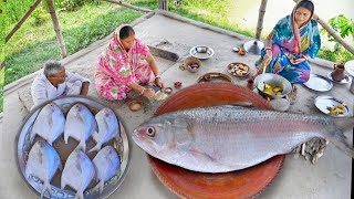 গ্রাম্য পদ্ধতিতে ছোট বেগুন দিয়ে ইলিশ মাছ রান্না সাথে পমফ্রেট মাছের তেলঝল  hilsha fish curry [upl. by Tomas]