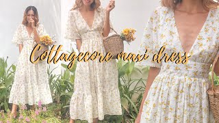 DIY Cottagecore Maxi dress  Butterfly sleeve Deep VNeck Open back Midi length  Sewing tutorial [upl. by Pulchia]