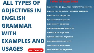 All types of Adjectives in English grammar with examples and usages [upl. by Haram98]