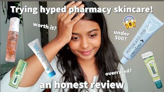 Trying Hyped Pharmacy Skincare Products 😱 Indian pharmacy skincare products under 500 [upl. by Nivart224]