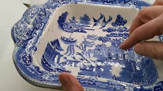 Antique Staffordshire Blue and White China  Willow Ironstone China Serving Bowl c18201840 [upl. by Zsuedat]