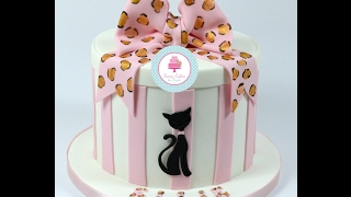 How to Decorate Hat Box Cake with Stripes Cat Motif and Hand Painted Leopard Print Bow Tutorial [upl. by Aitnuahs]