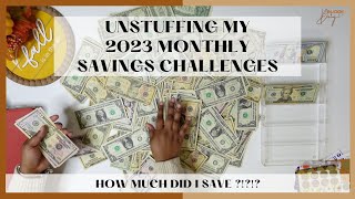 HUGE CASH UNSTUFFING   UNSTUFFING MY 2023 MONTHLY SAVINGS CHALLENGES  HOW MUCH DID I SAVE [upl. by Glorianna299]